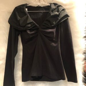 Black CAbi Cinema taffeta top.V neck stretchy material ruched long sleeve. SF